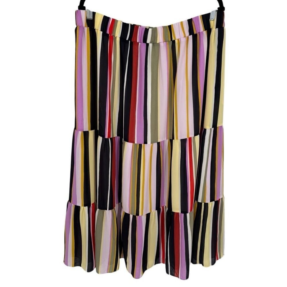 LOFT Striped Tiered Midi Skirt Multicolor Pull-On Flowy Summer Skirt Large NWT‎ - Picture 10 of 12